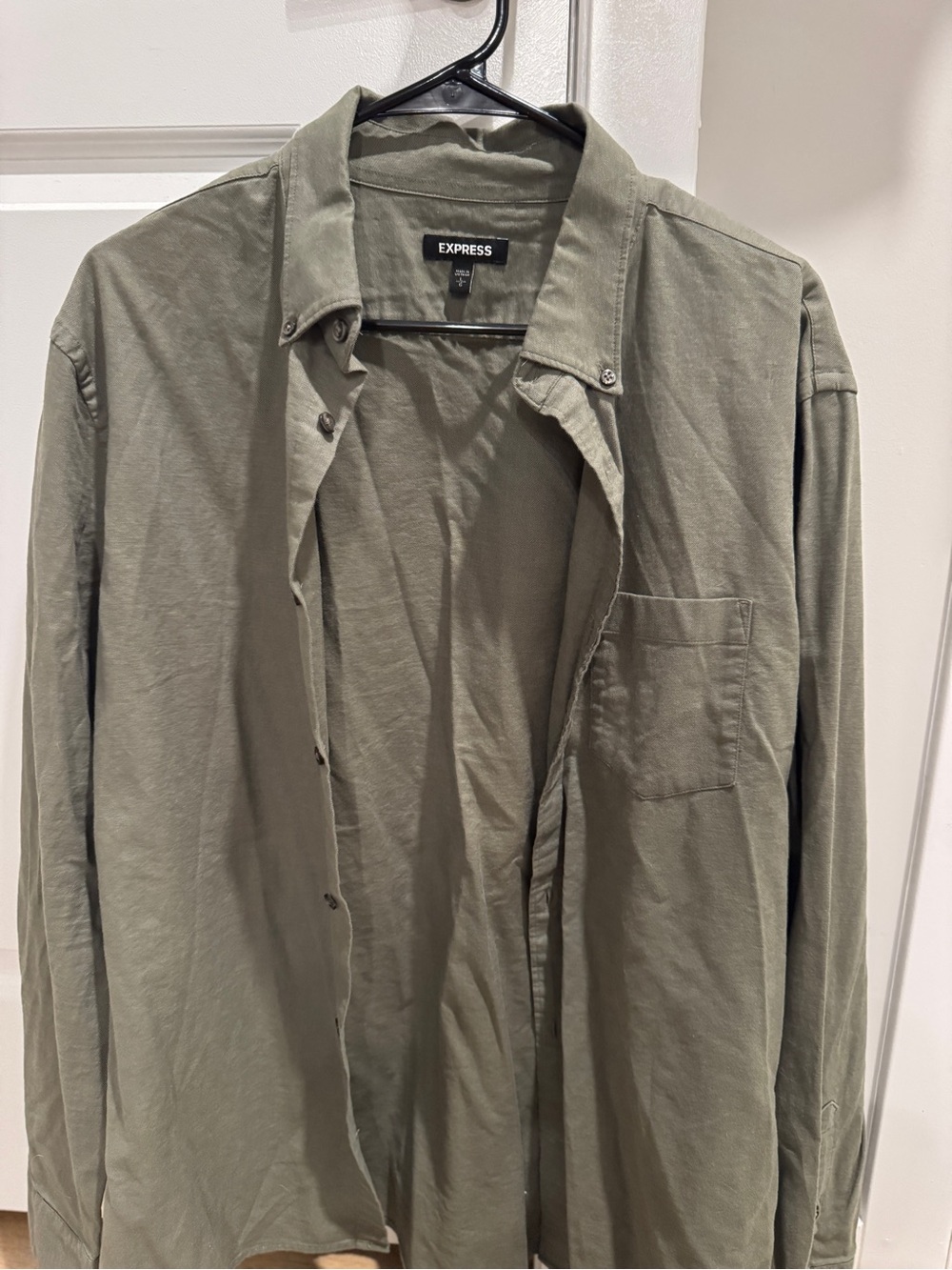 Express Men's Olive Green Button-Up Shirt Large